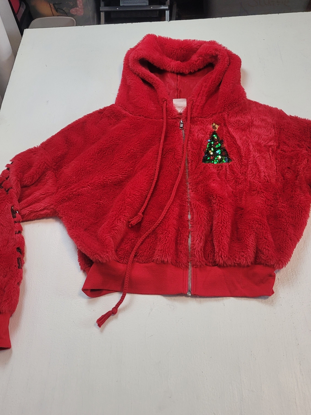 No Boundaries Red Fuzzy Hooded Zip-Up Sweatshirt with Sequin Tree